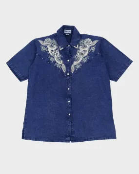 00s Blue Denim Beaded Short Sleeve Blouse - L