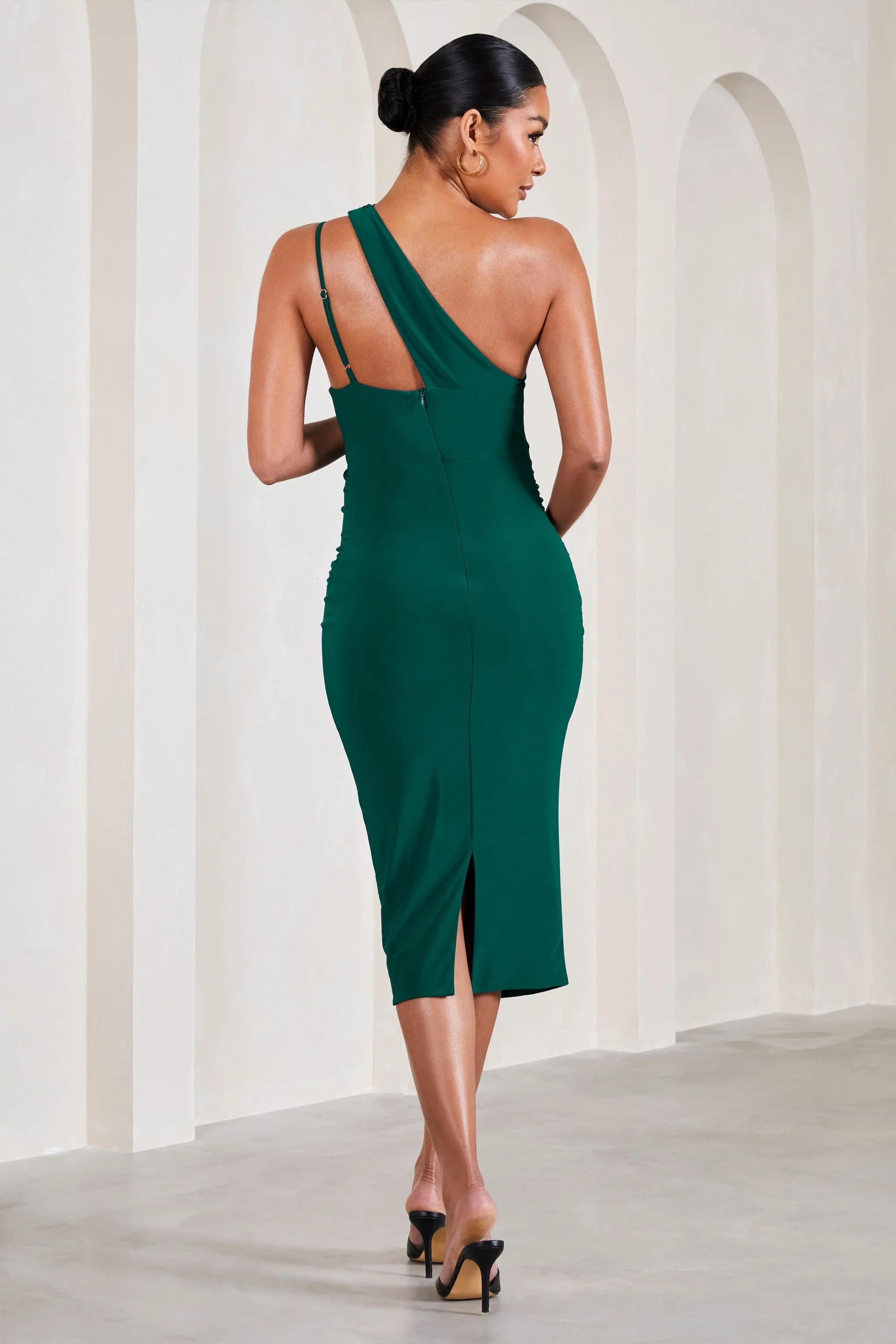 Abigail | Bottle Green Sleeveless Asymmetric Maternity Midi Dress