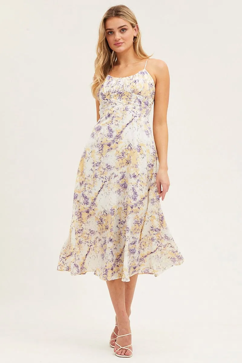 Abstract Print Gathered Bust Tie Back Midi Dress