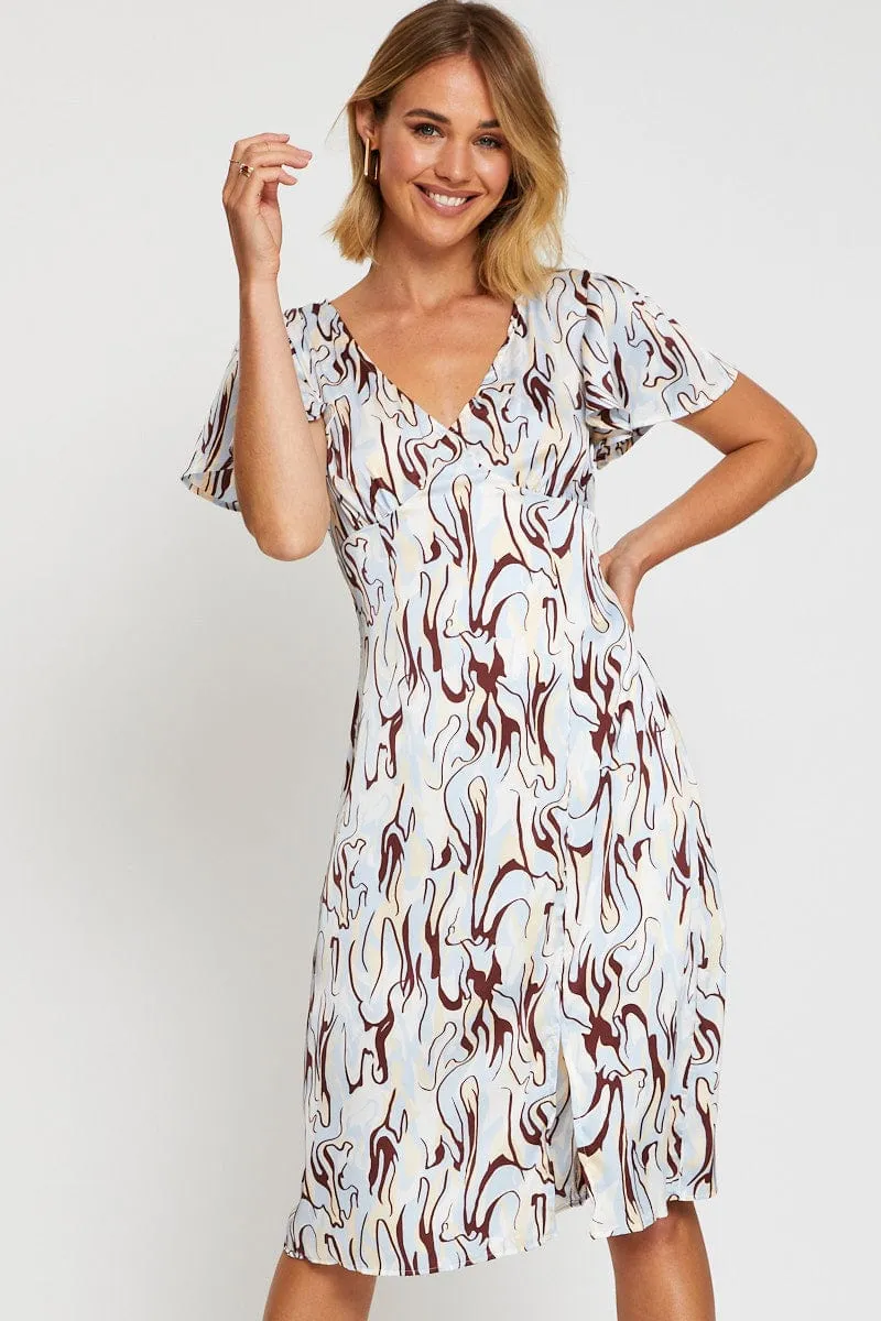 Abstract Print Midi Dress Short Sleeve