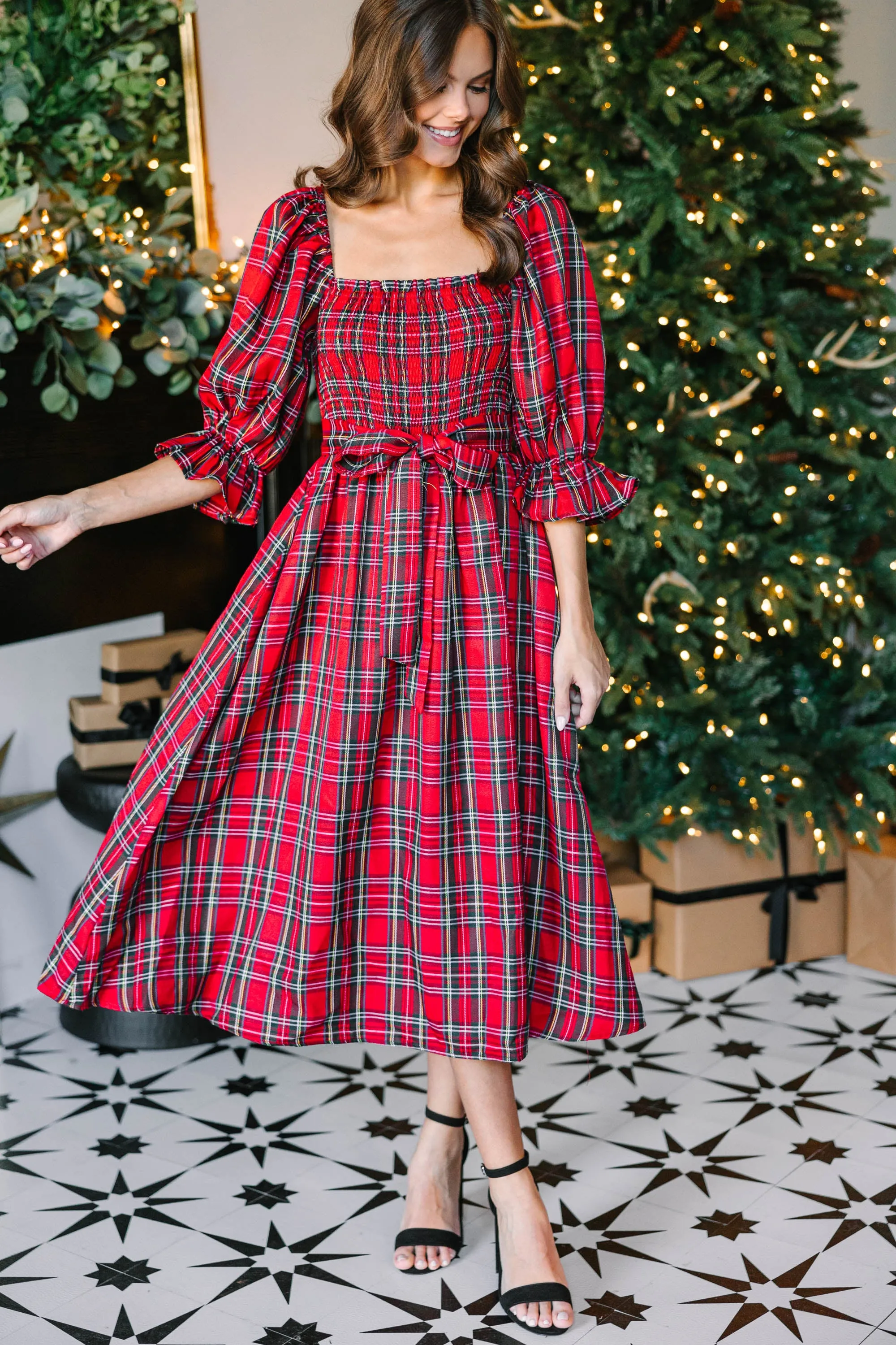 All I Want Red Tartan Plaid Midi Dress