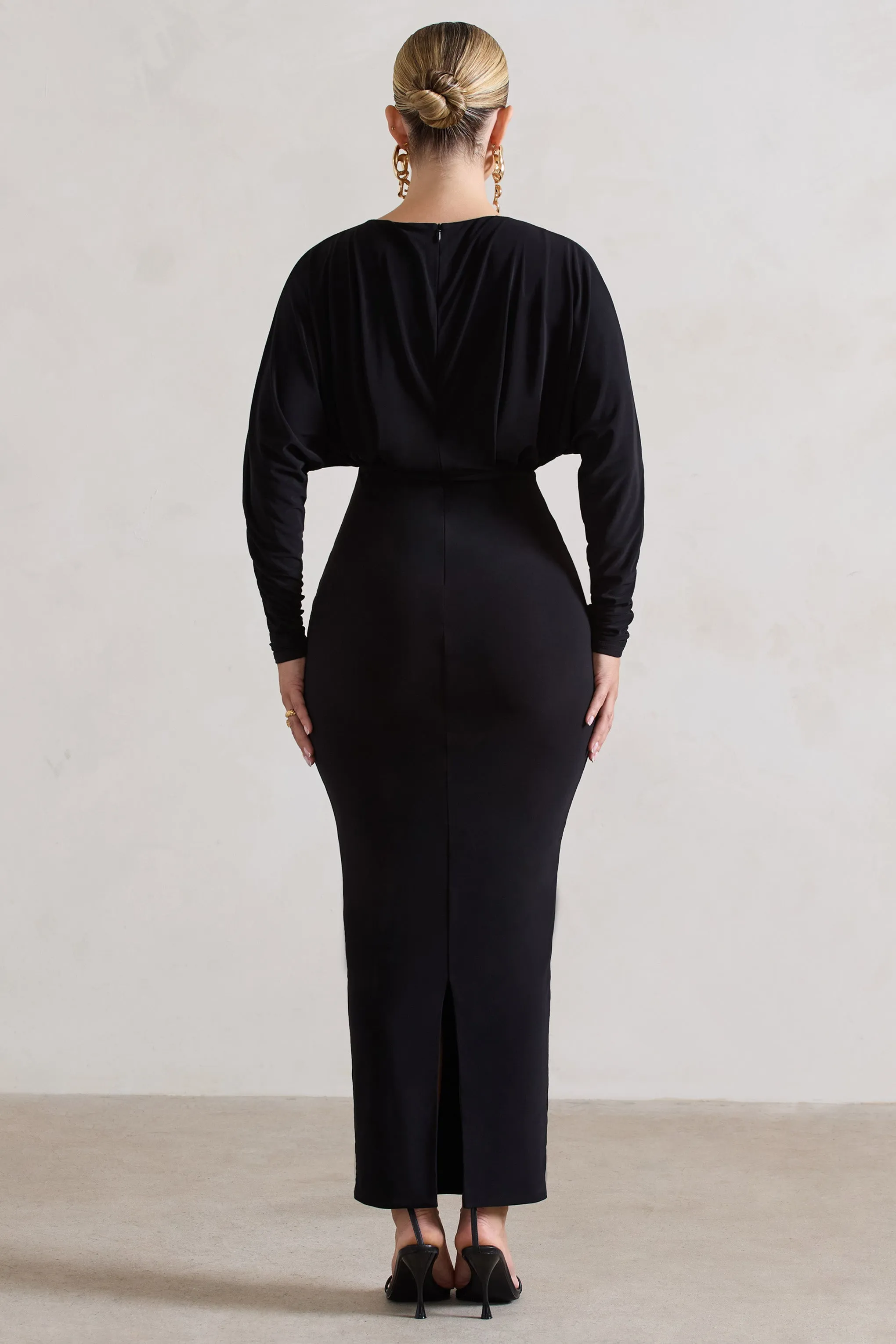 All It Takes | Black Long-Sleeve Draped Maxi Dress