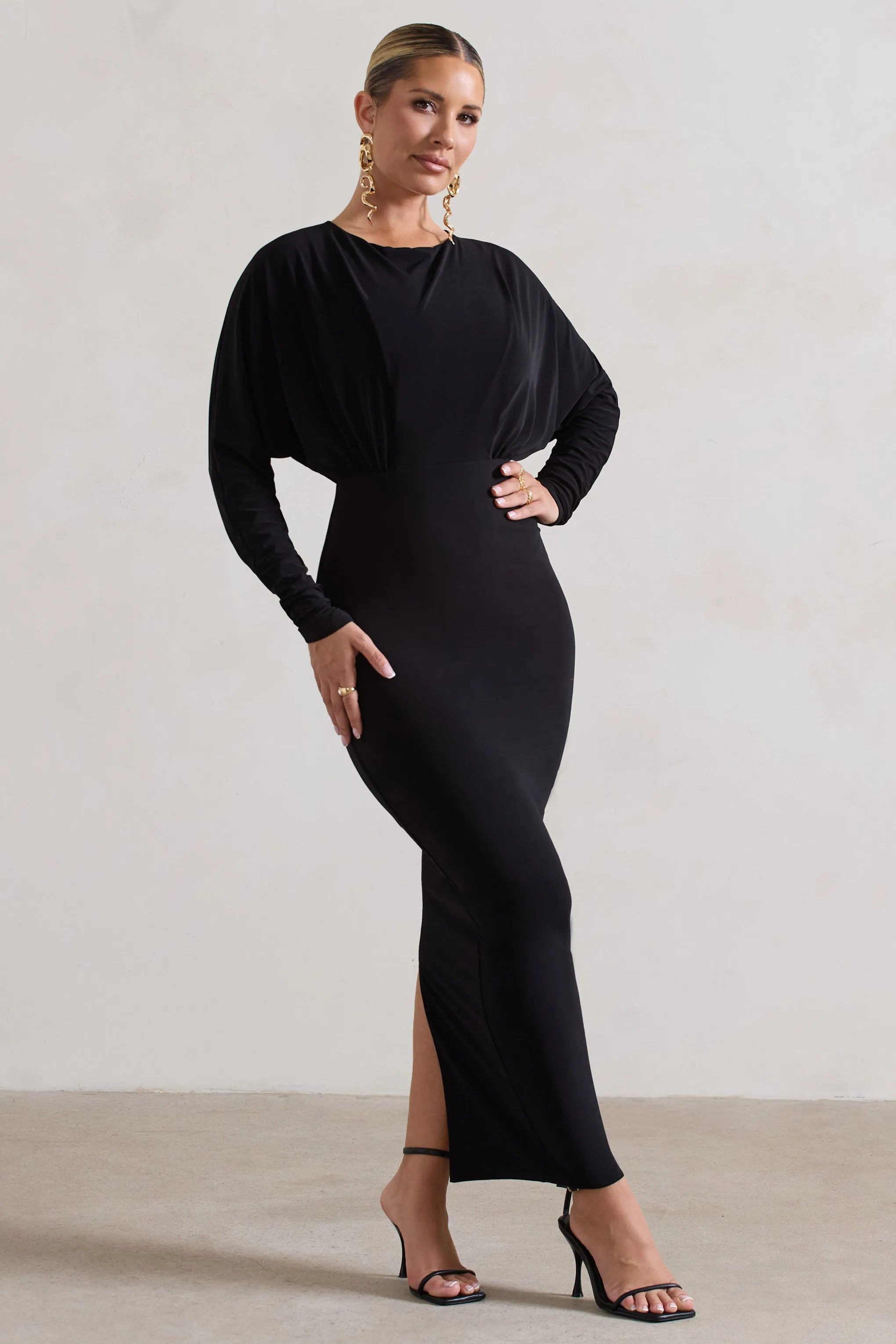 All It Takes | Black Long-Sleeve Draped Maxi Dress