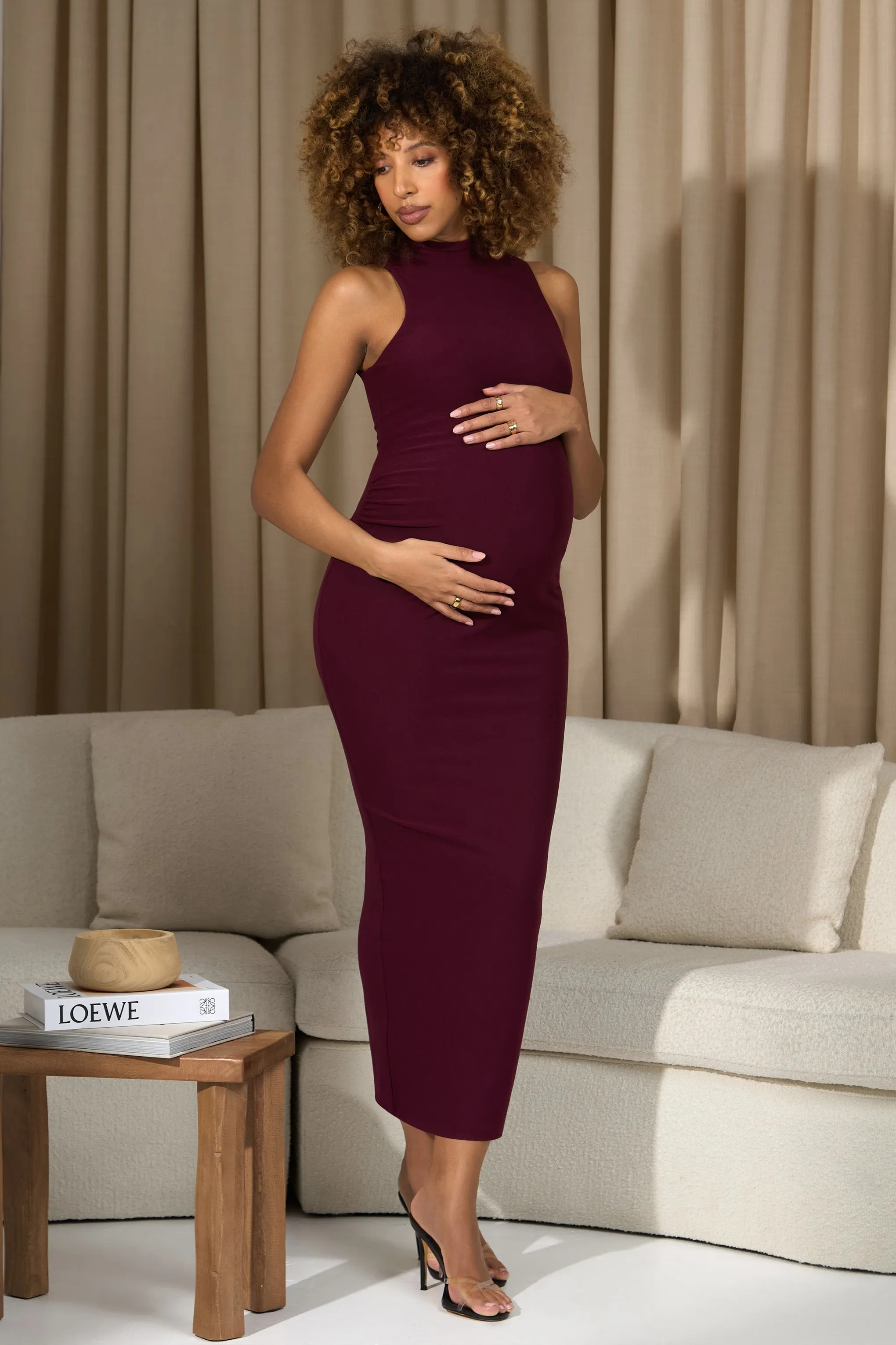 Anika | Burgundy High-Neck Sleeveless Split Maternity Maxi Dress