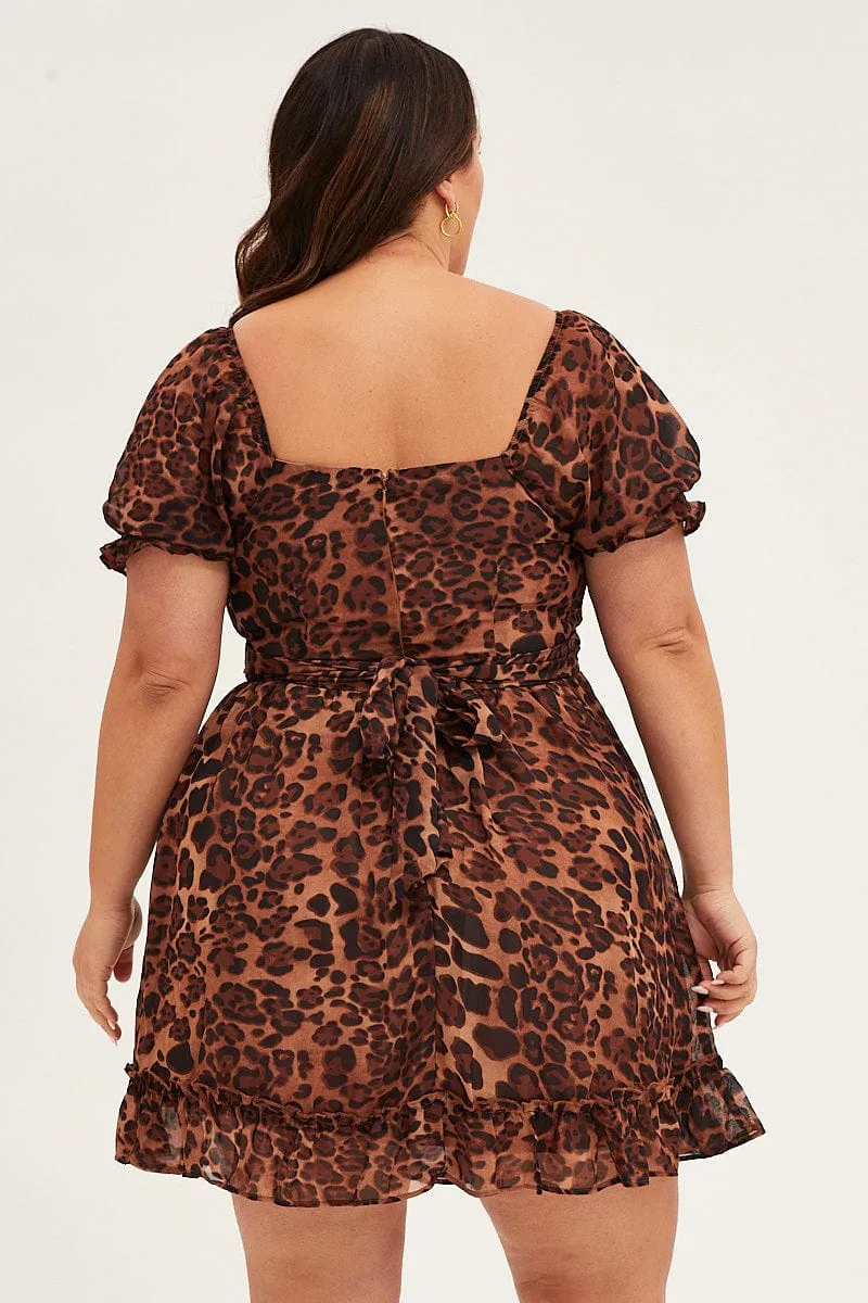 Animal Print Chiffon Short Sleeve Tie Back Dress