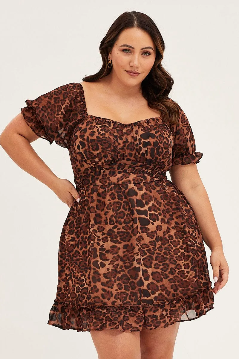 Animal Print Chiffon Short Sleeve Tie Back Dress