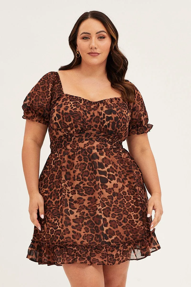 Animal Print Chiffon Short Sleeve Tie Back Dress