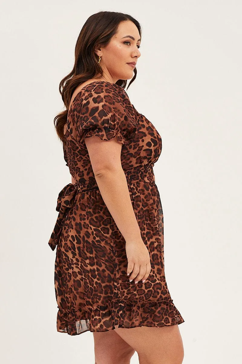 Animal Print Chiffon Short Sleeve Tie Back Dress