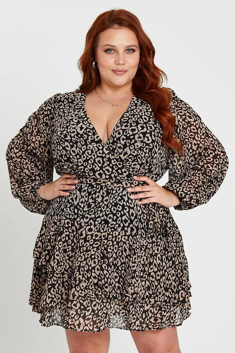 Animal Print Long Sleeve Frill Hem Leopard Skater Dress