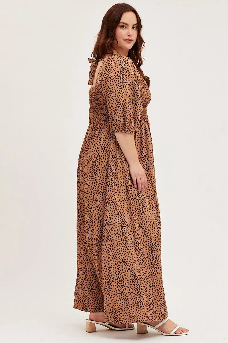 Animal Print Midi Dress Scoop Neck Short Sleeve