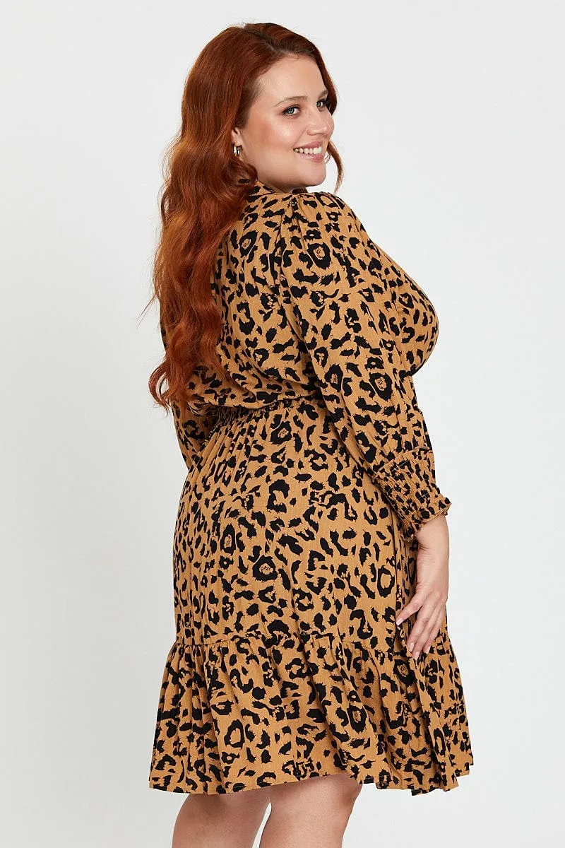 Animal Print Midi Dress V-Neck Long Sleeve