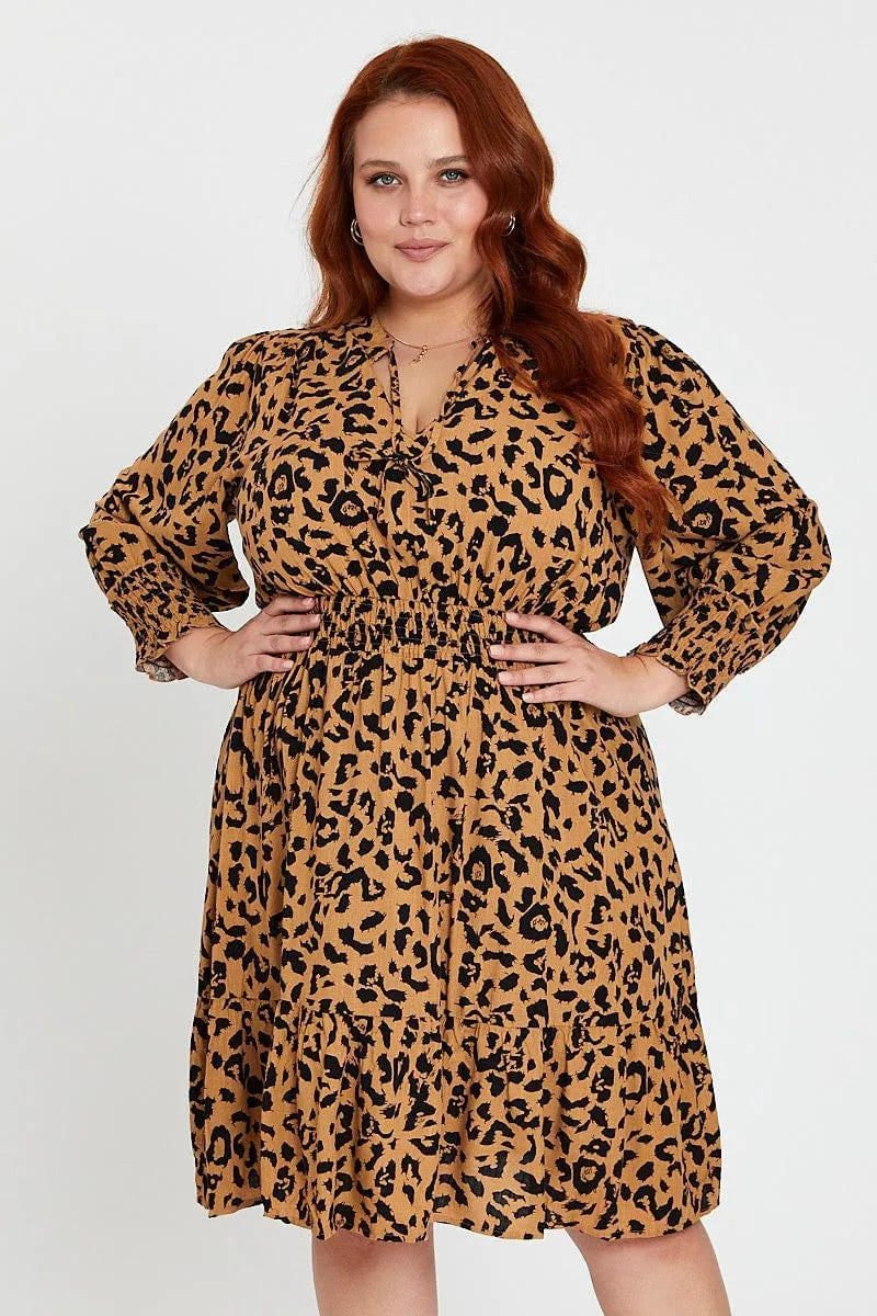 Animal Print Midi Dress V-Neck Long Sleeve