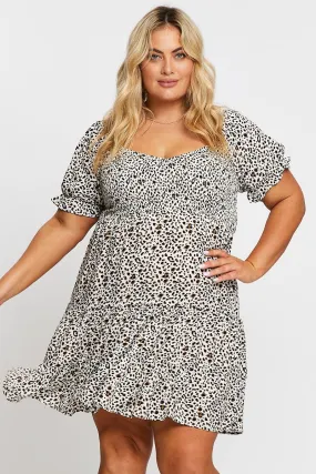 Animal Print Short Puff Sleeve Shirred Bust Dress