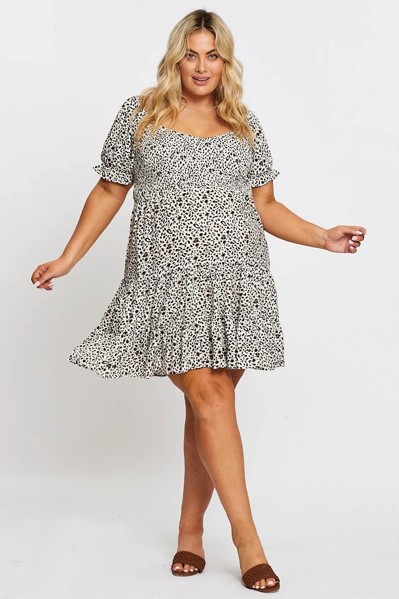 Animal Print Short Puff Sleeve Shirred Bust Dress