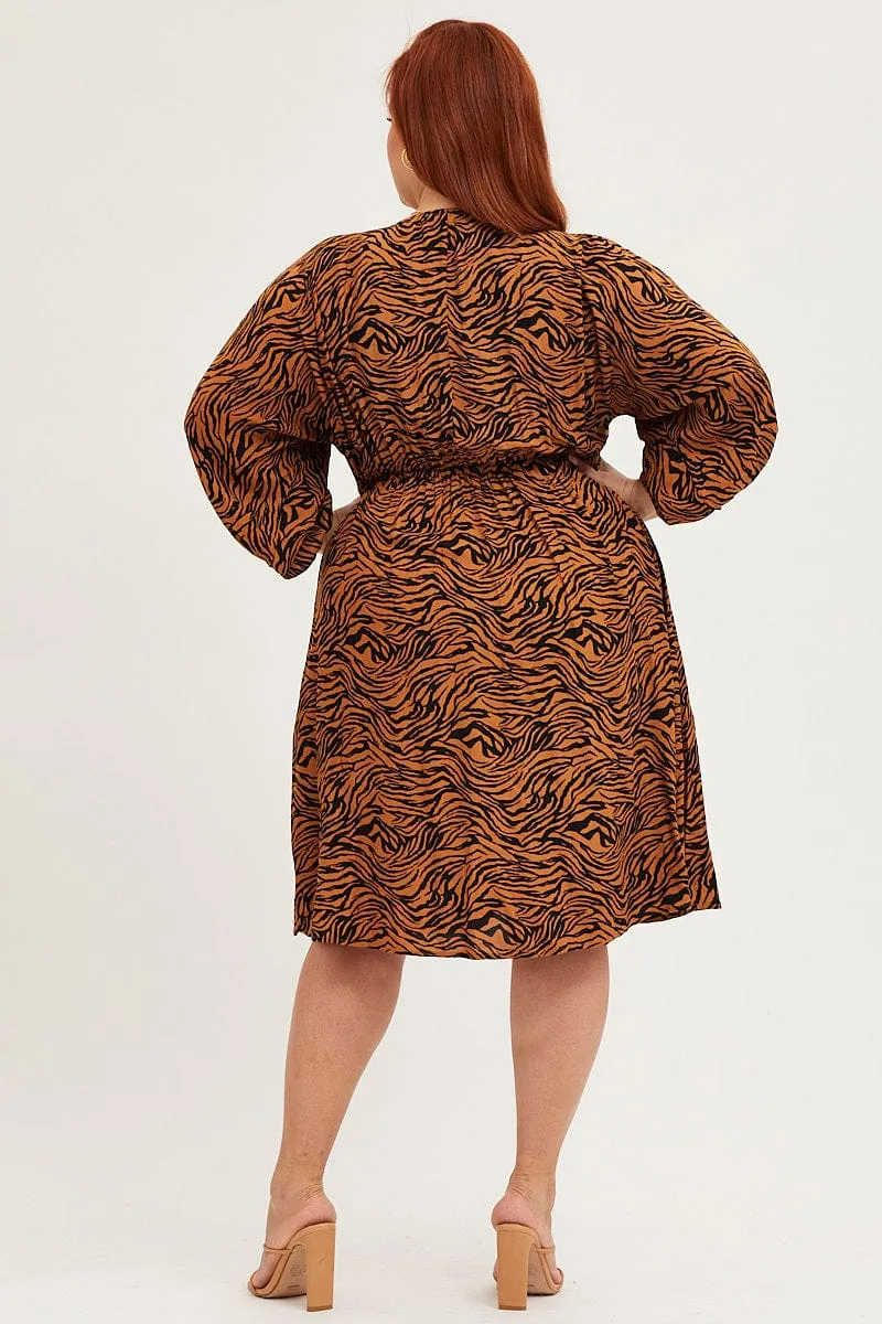 Animal Print V Neck 3/4 Sleeve Rayon Dress