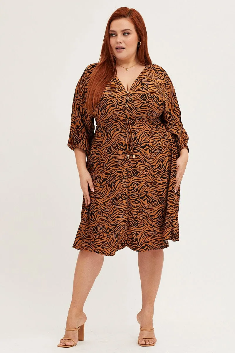 Animal Print V Neck 3/4 Sleeve Rayon Dress