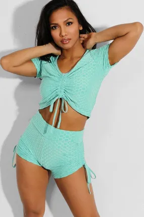 Aqua Ruched Drawstring Shorts And Crop Top 2 Piece Tracksuit