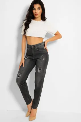 Ash Grey Distressed High Waist Taper Mom Jeans