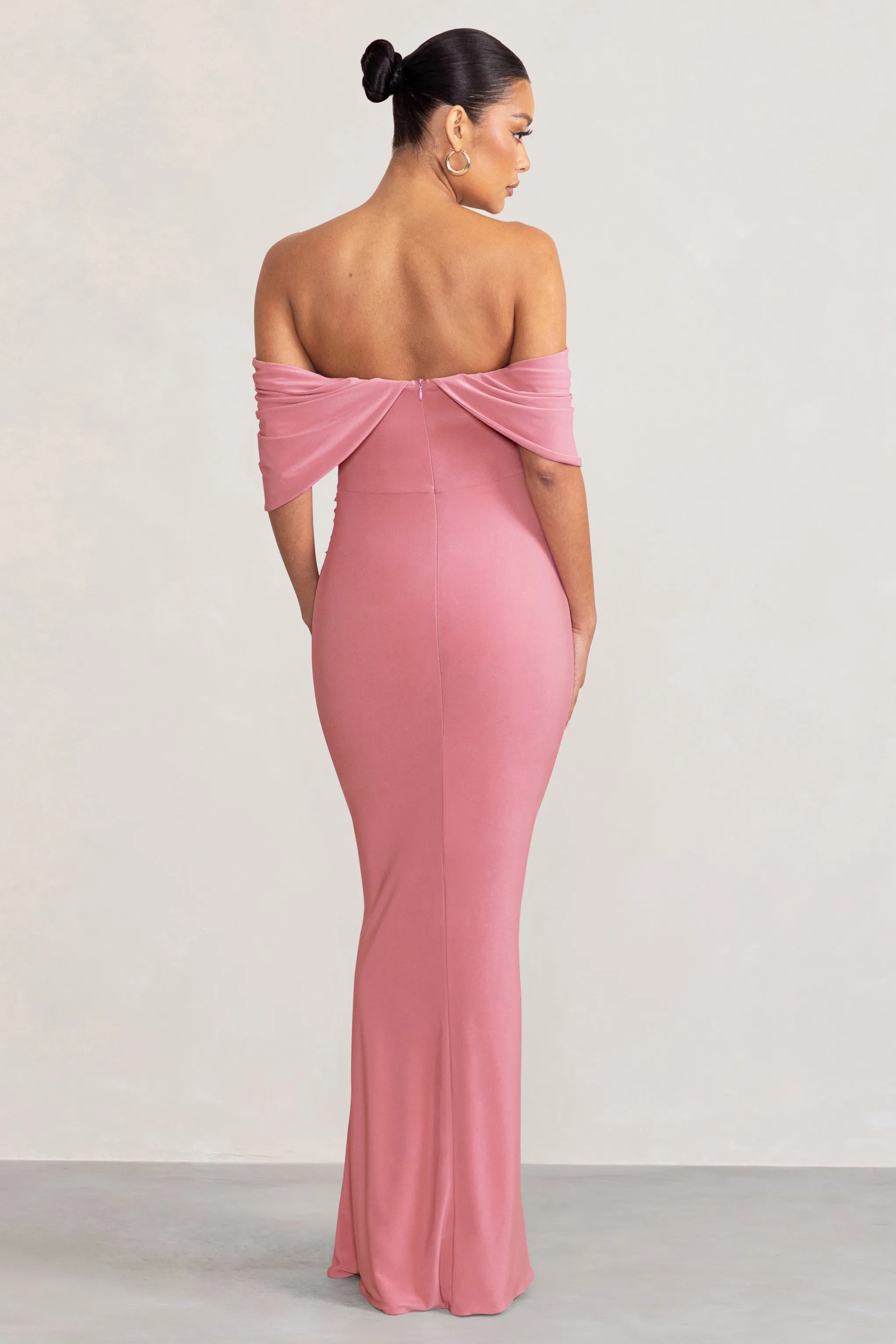 Asha | Blush Pink Draped Sleeve Bardot Maternity Maxi Dress