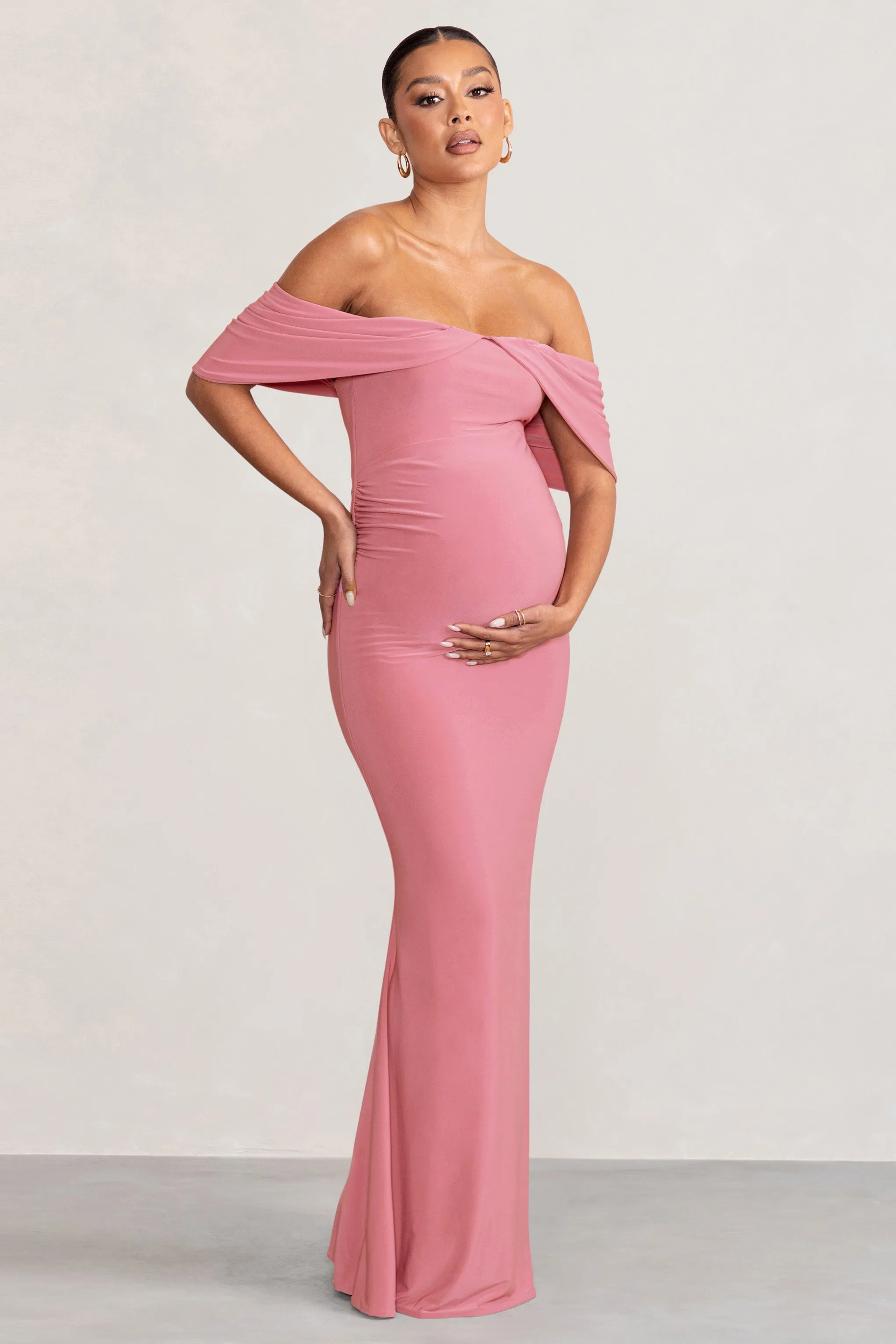 Asha | Blush Pink Draped Sleeve Bardot Maternity Maxi Dress