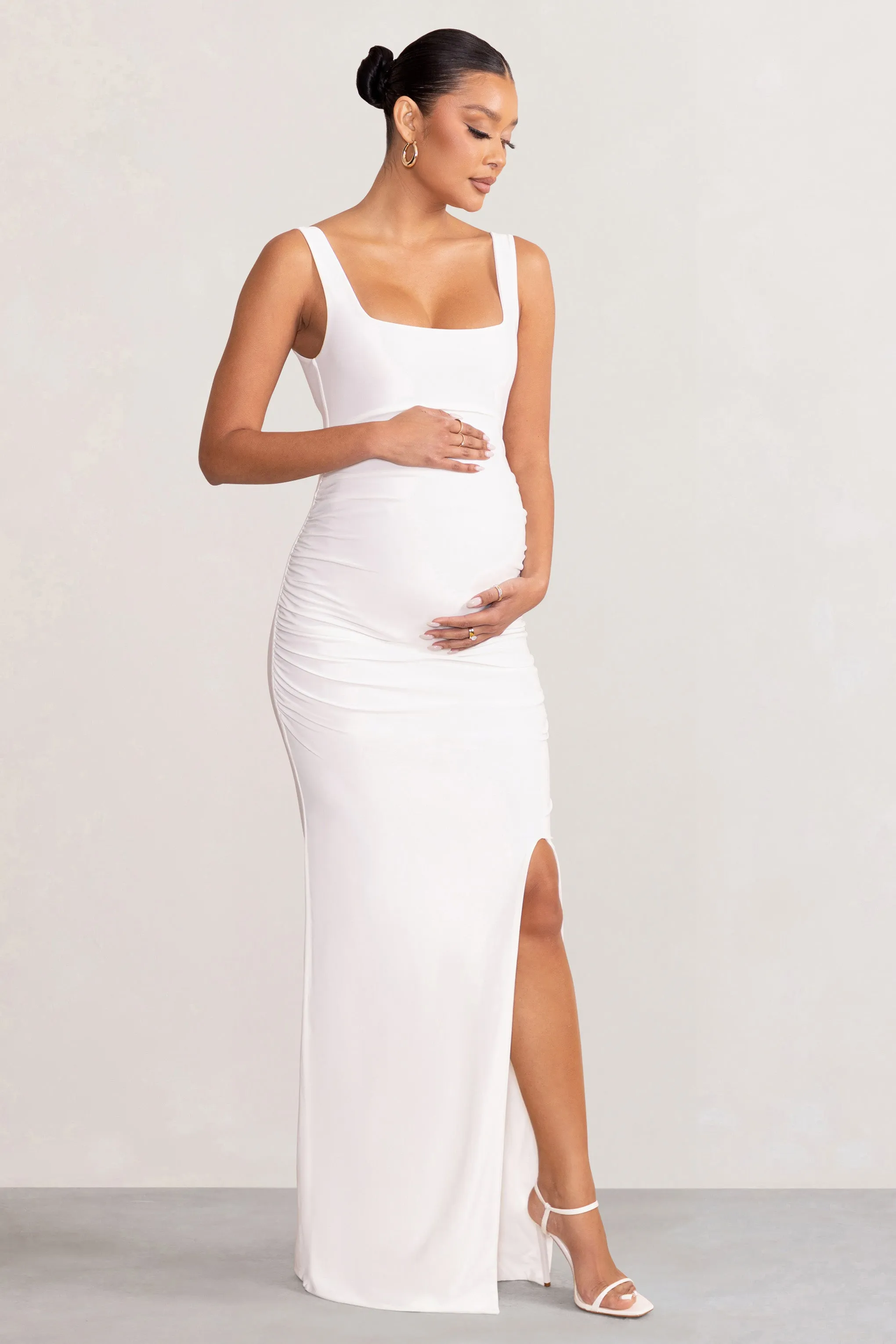 Avril | White Square Neck Maternity Maxi Dress with Split