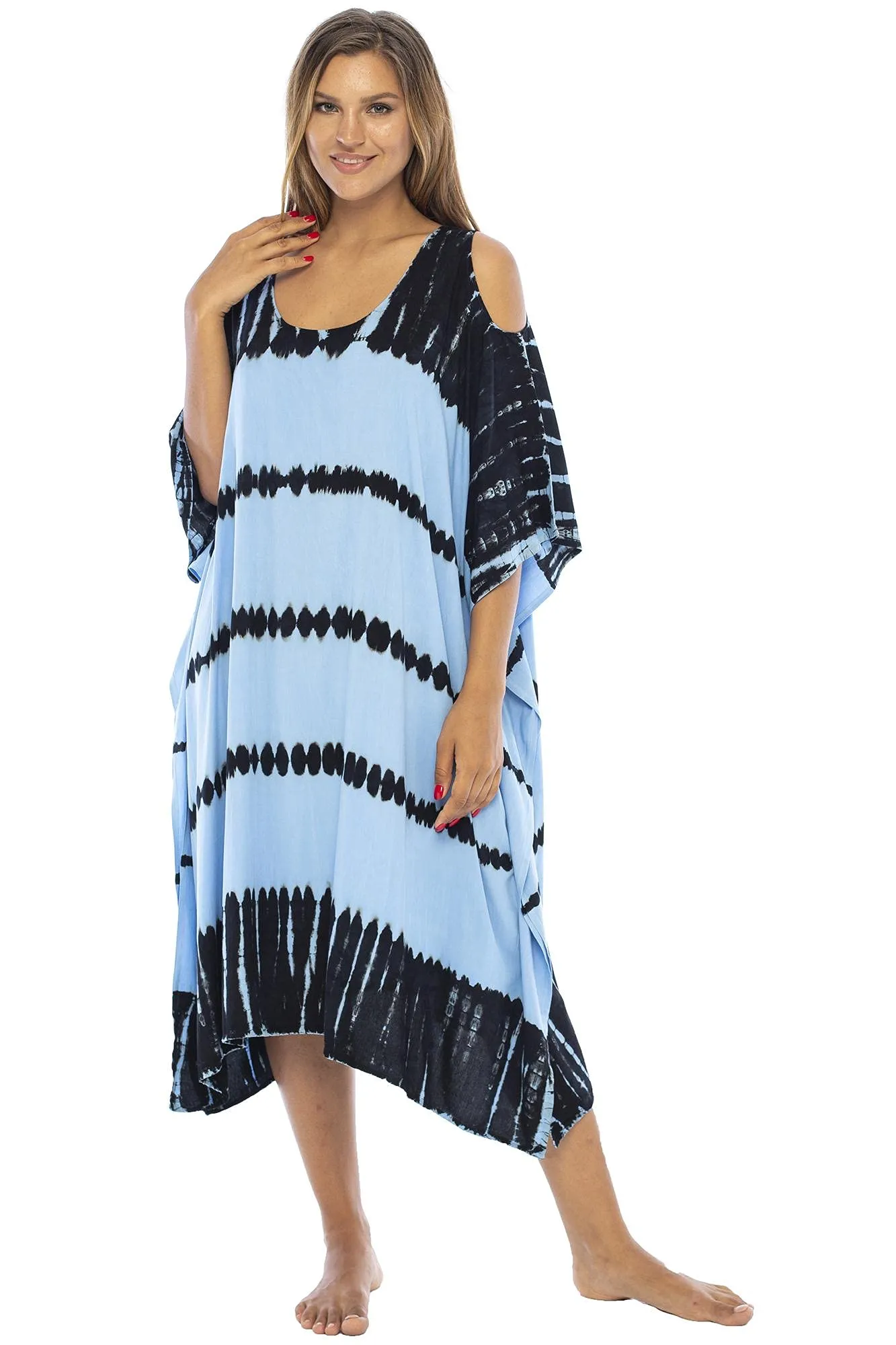 Back From Bali Womens Tie Dye Kaftan Poncho Dress Boho Cold Shoulder Casual Summer Dress Beach Swimsuit Cover Up