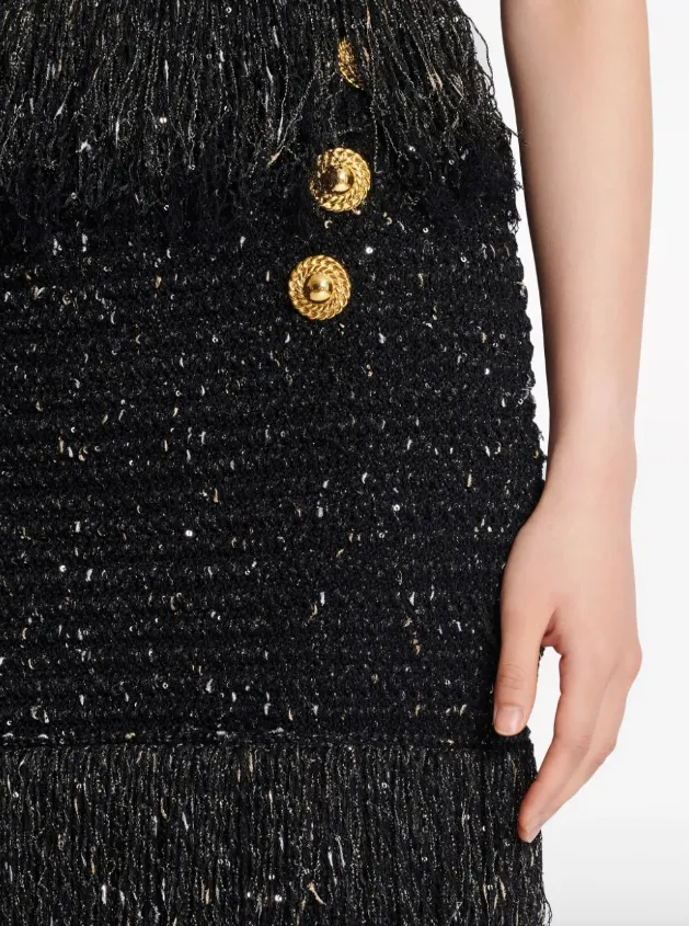 Balmain 6-Button fringed tweed skirt