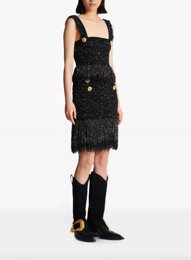 Balmain 6-Button fringed tweed skirt