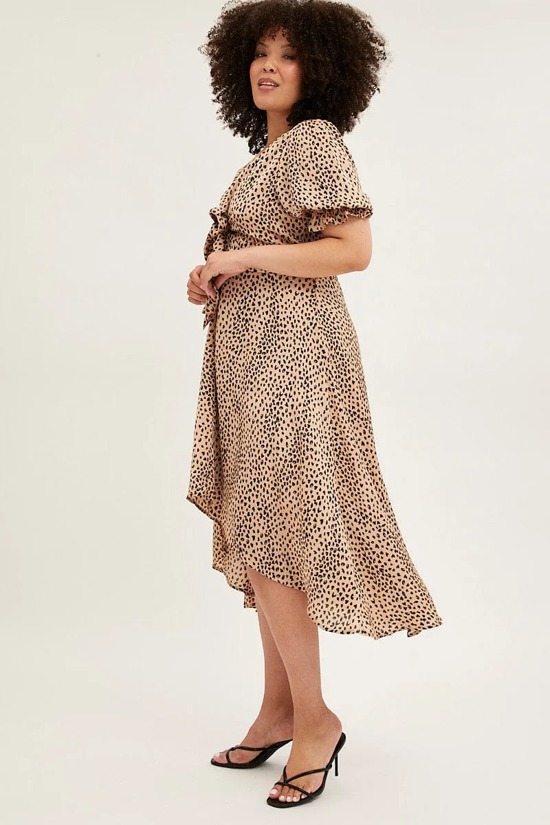 Beige Animal Print Midi Dress Short Sleeve Tie Front Satin