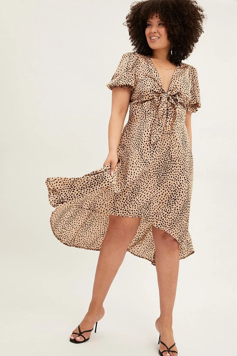 Beige Animal Print Midi Dress Short Sleeve Tie Front Satin