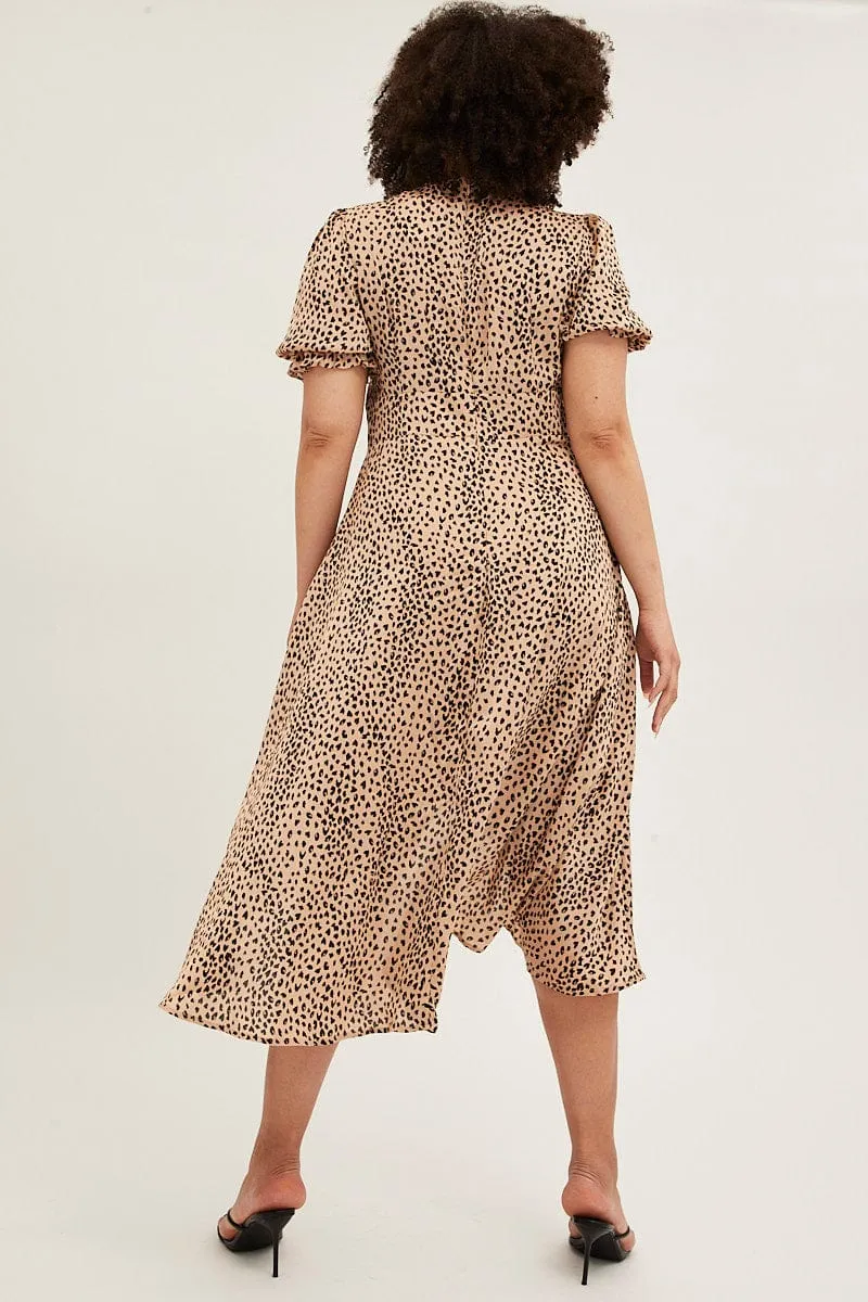 Beige Animal Print Midi Dress Short Sleeve Tie Front Satin