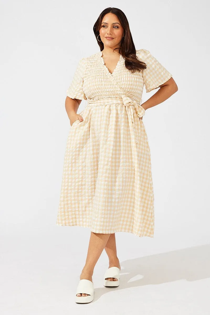 Beige Check Gingham Wrapover Shirred Front Midi Dress