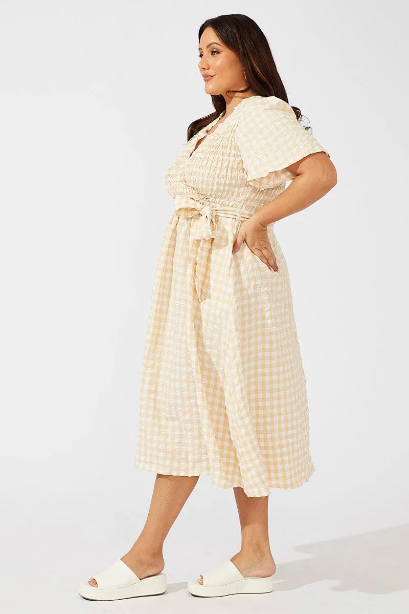 Beige Check Gingham Wrapover Shirred Front Midi Dress