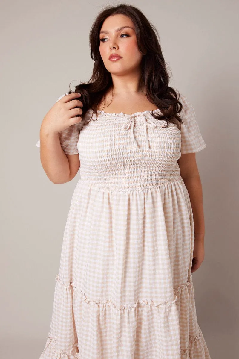 Beige Check Maxi Dress Short Sleeve Shirred Bust