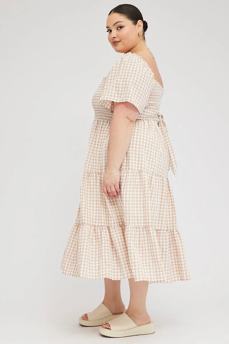 Beige Check Midi Dress Short Sleeve Shirred