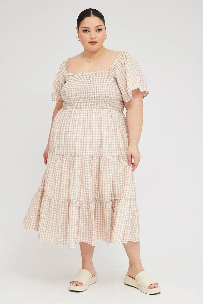 Beige Check Midi Dress Short Sleeve Shirred