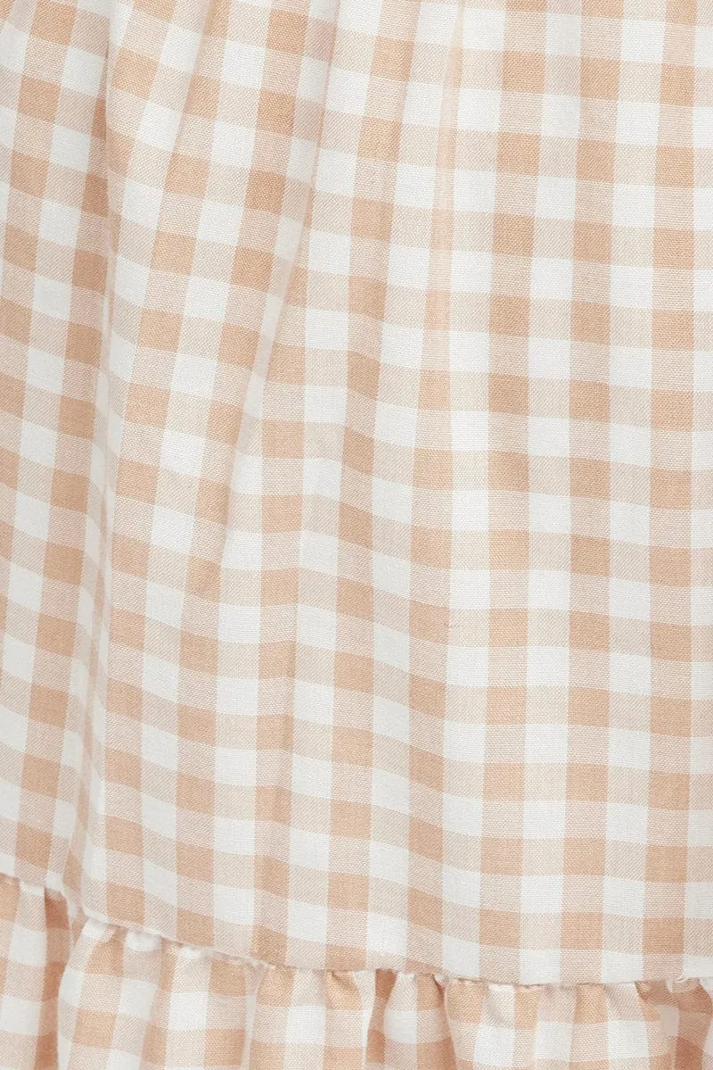 Beige Check Midi Dress Short Sleeve Shirred