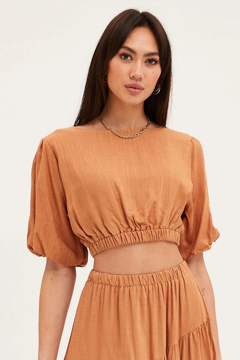 Beige Crop Top Puff Sleeve