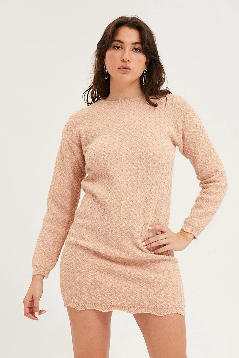 Beige Dress Long Sleeve Mini Knit