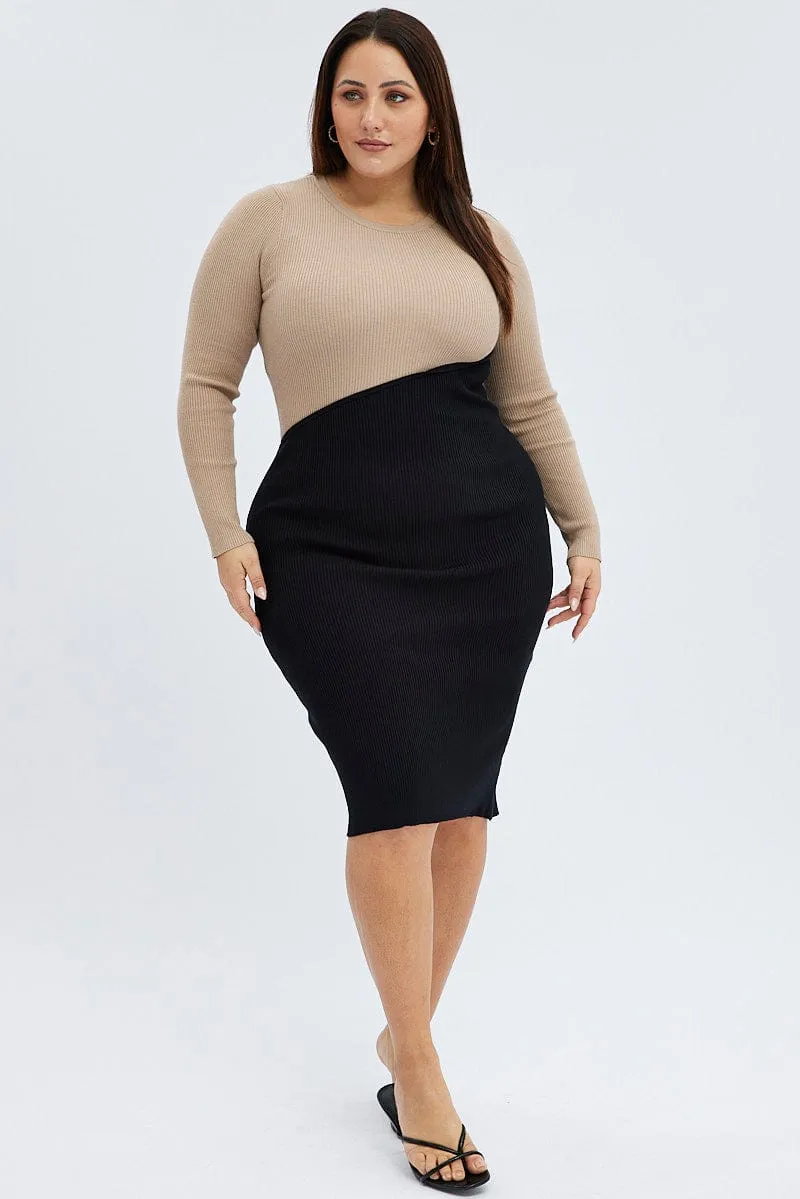 Beige Knit Dress Long Sleeve Color Block