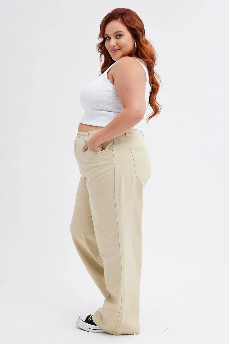 Beige Wide Leg Denim Jeans High rise