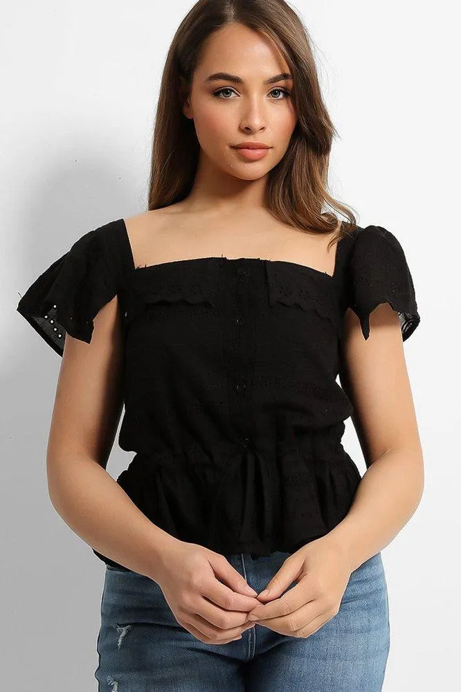 Black Crochet Details Drawstring Waist Top