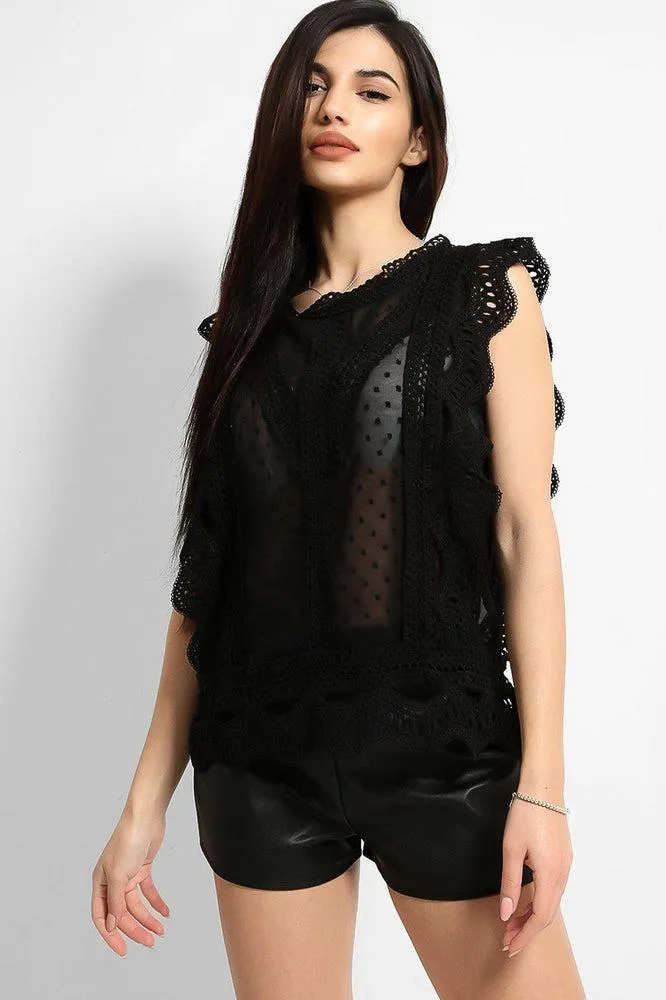 Black Dobby Mesh Crochet Lace Trims Blouse