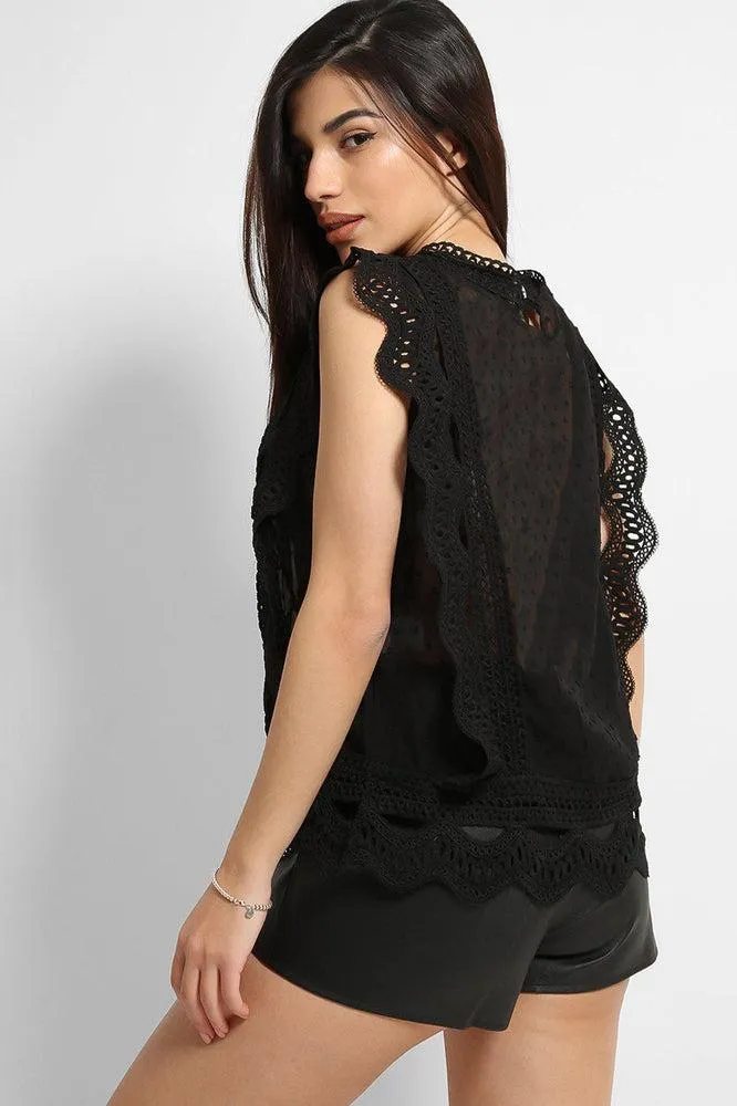 Black Dobby Mesh Crochet Lace Trims Blouse