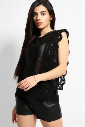 Black Dobby Mesh Crochet Lace Trims Blouse