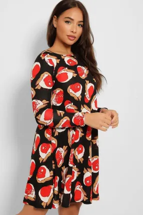 Black Red Robin Print Christmas Dress