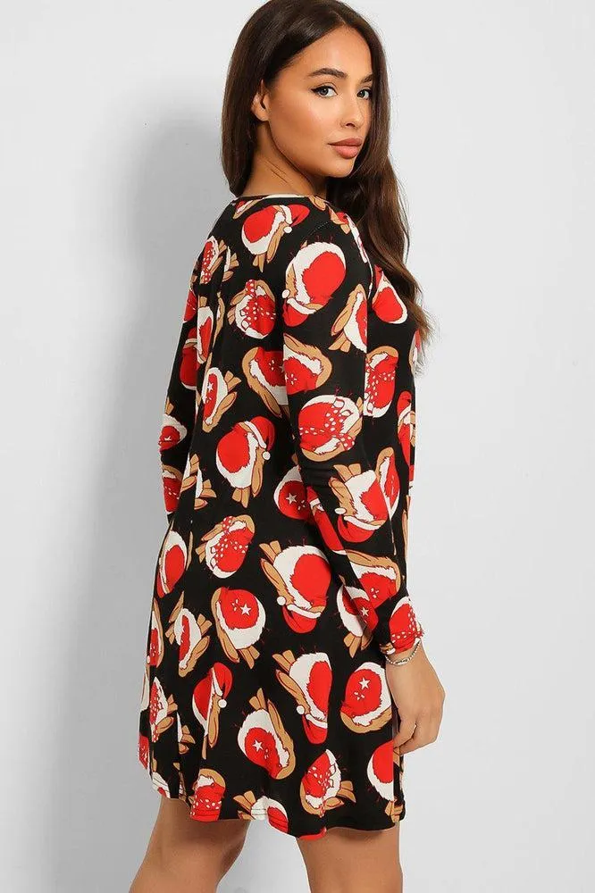 Black Red Robin Print Christmas Dress