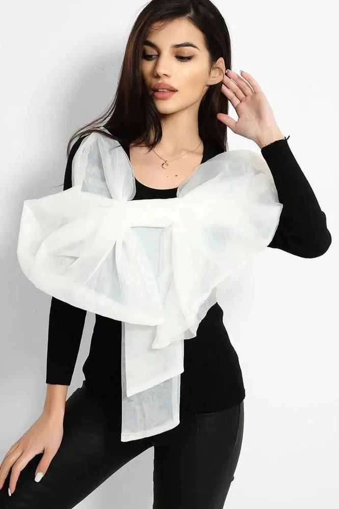 Black White Large Organza Bow Rib Knit Pullover