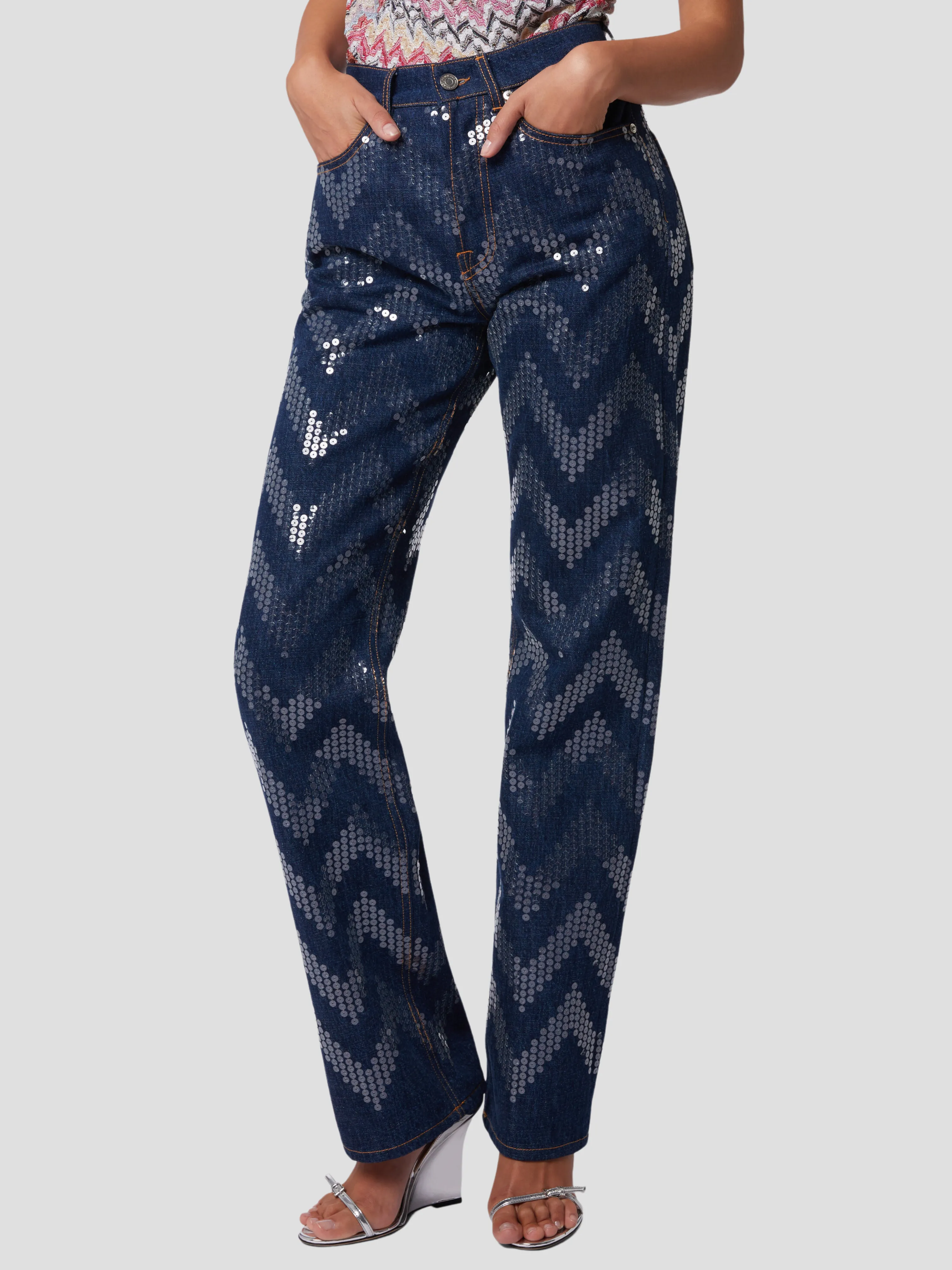 Blue Sequins Zig Zag Embroidery Denim Pant