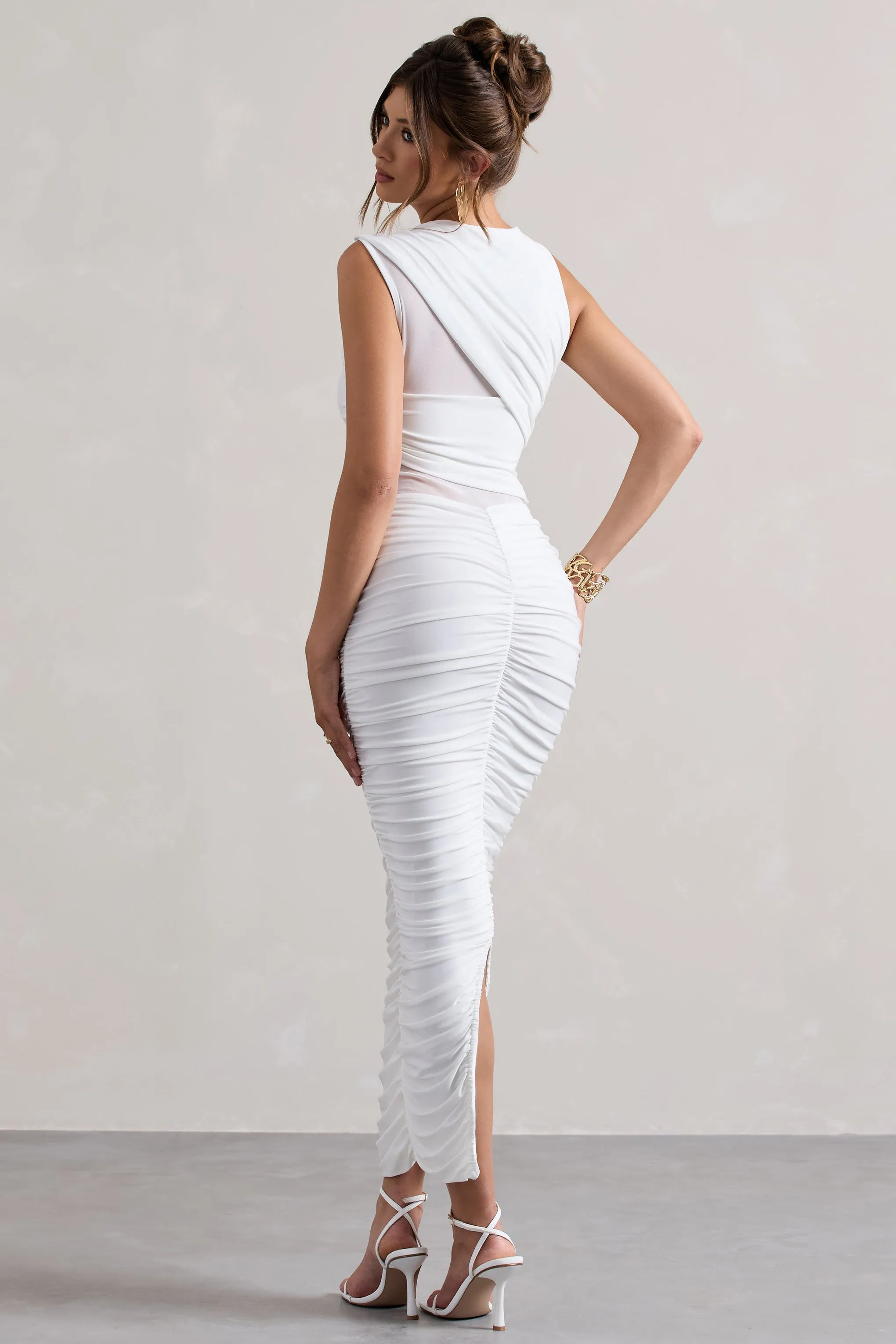 Born With It | White Sleeveless High-Neck Draped Maxi Dress With Mesh Inserts